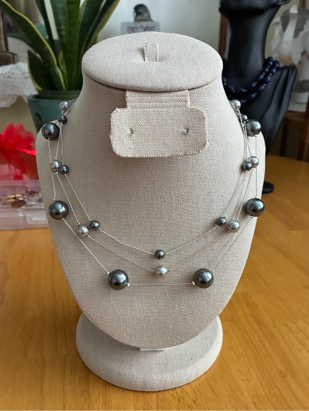Layered Gray Pearl Necklace on Silver Wires